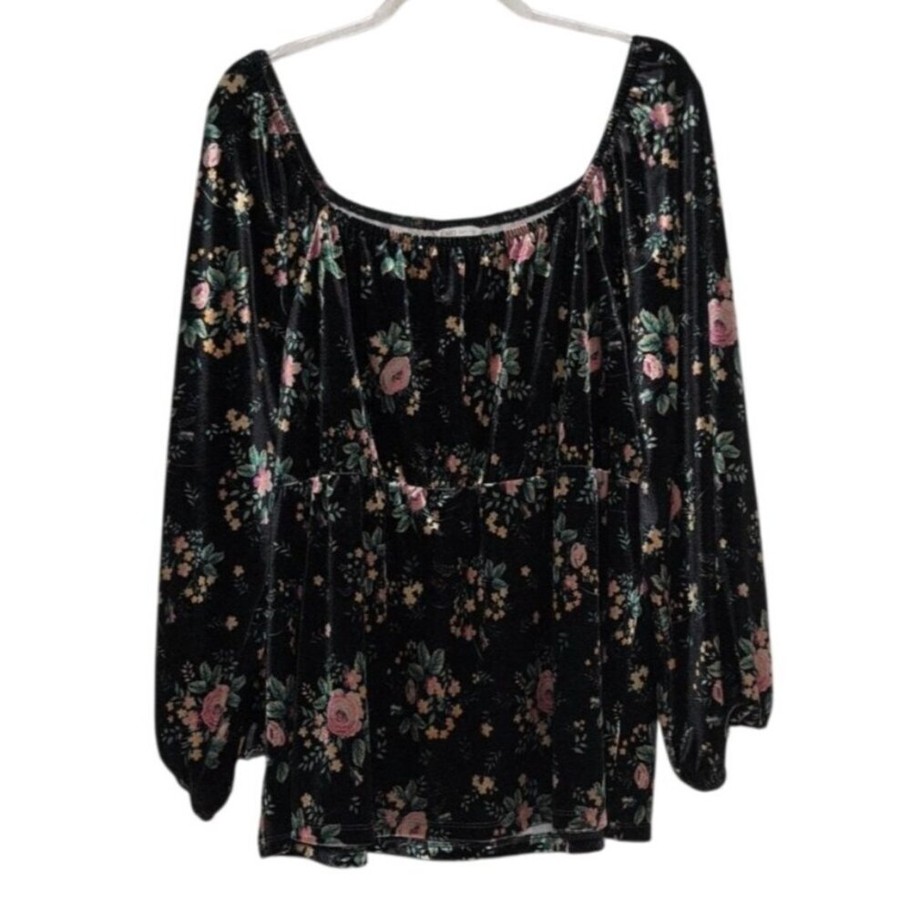 Cato Velvet Floral Babydoll Shirt Womens Size Large Black Stretch Peasant Blouse - Picture 1 of 8